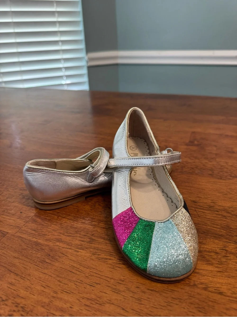 Mini Boden Silver Leather Rainbow Glitter Toe Mary Jane Shoes EU 30 US 12